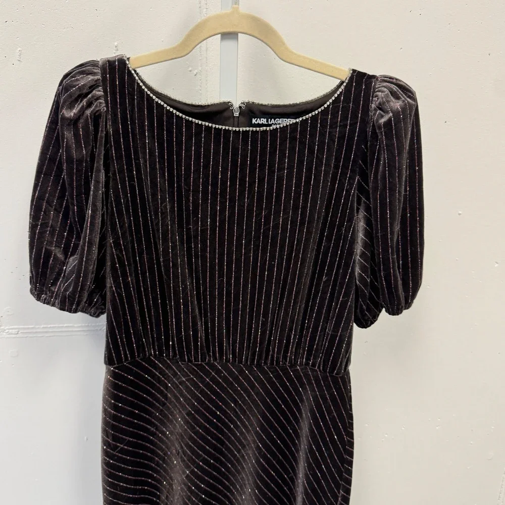 Karl Lagerfeld Paris Velvet Pinstripe Rhinestone Midi Maxi Dress Brown 8 Holiday